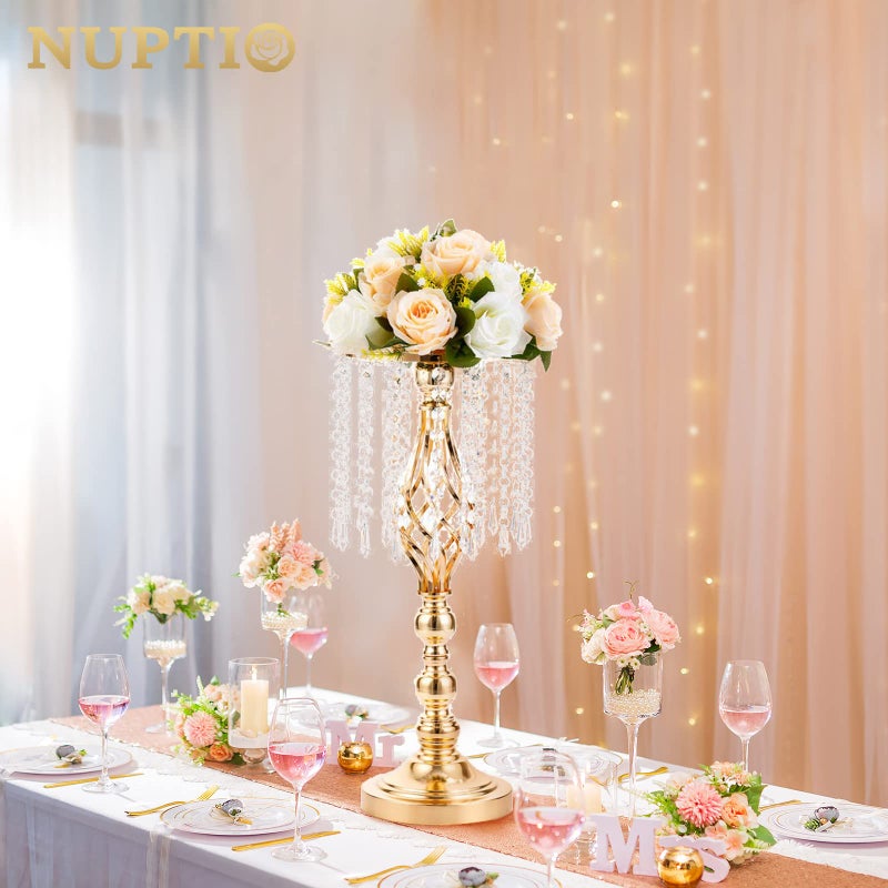 NUPTIO 2 Pcs 19.3 inches Gold Centerpieces Table Tall Crystal Flowers Stand Wedding Road Lead Flower Holders Crystal Chandelier Metal for Reception Tables Supplies - Image 3